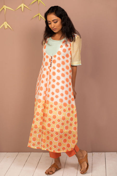 Orange Cotton Chambray Embroidered Dress