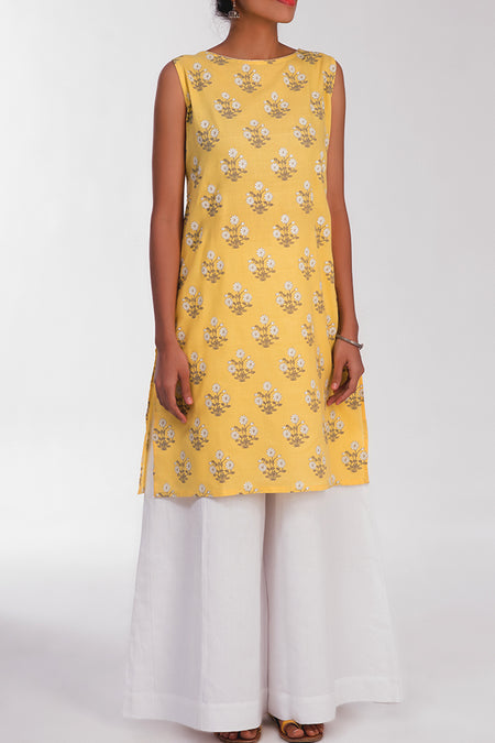 yellow Cambric Block Printed Dress