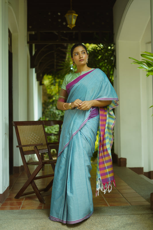 Coastal blue - Handwoven cotton saree