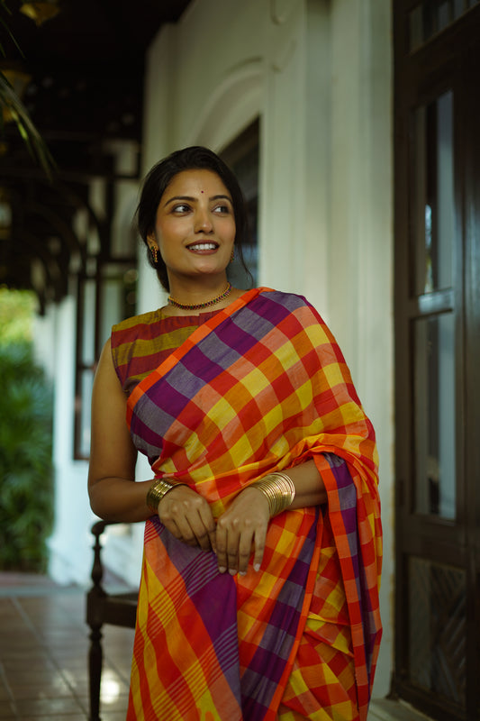 Sunset plaid-Handwoven cotton  saree