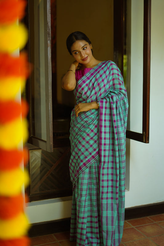 Aqua violet checks - Handwoven cotton  saree