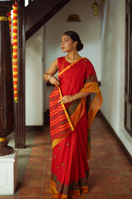 Crimson red - Handwoven cotton  saree