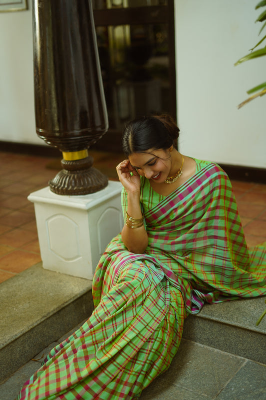 Soft green checks - Handwoven soft silk saree