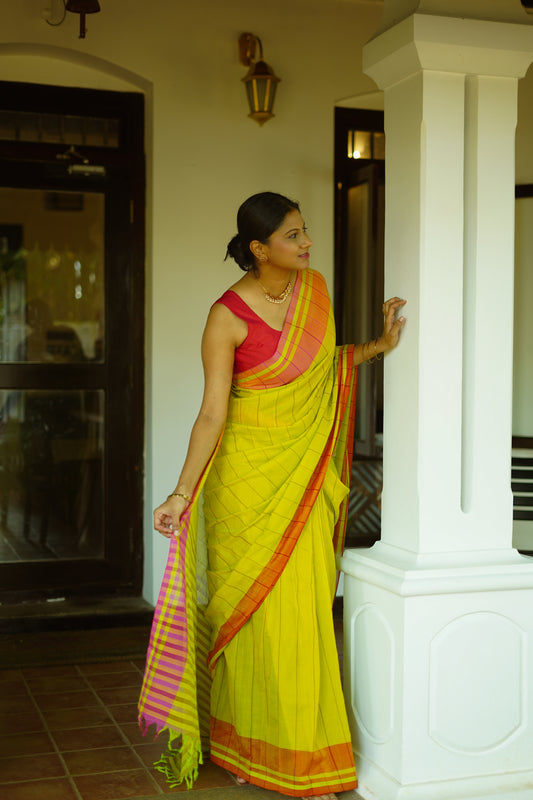 Lime green - Handwoven cotton  saree