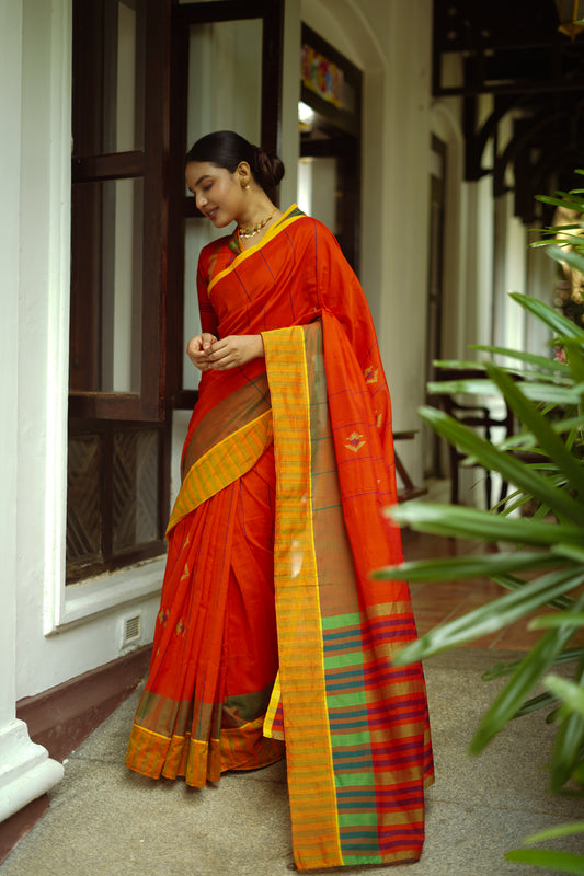 Blaze Orange - Handwoven cotton  saree