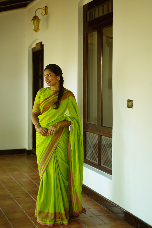 Parrot green-Handwoven cotton  saree