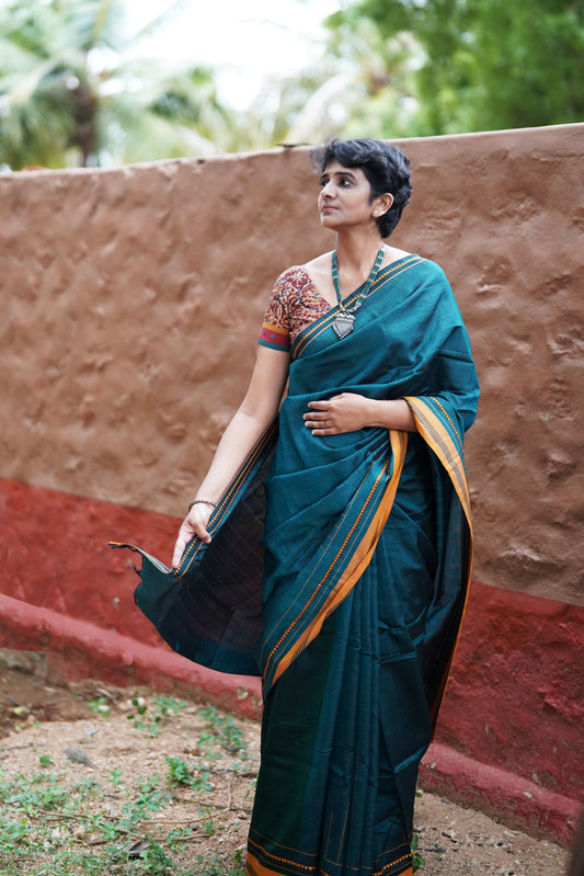 Teal canopy - Handwoven dobby cotton  saree