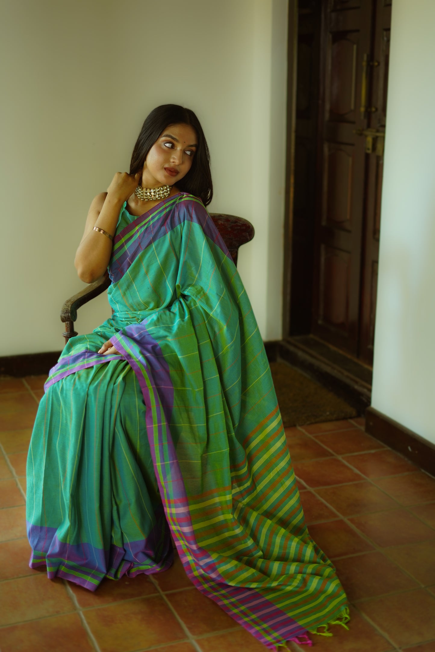 Tiffany blue- Handwoven cotton  saree