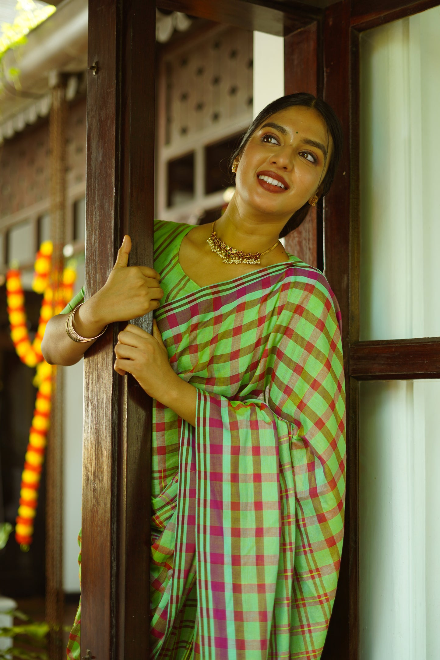 Soft green checks - Handwoven soft silk saree