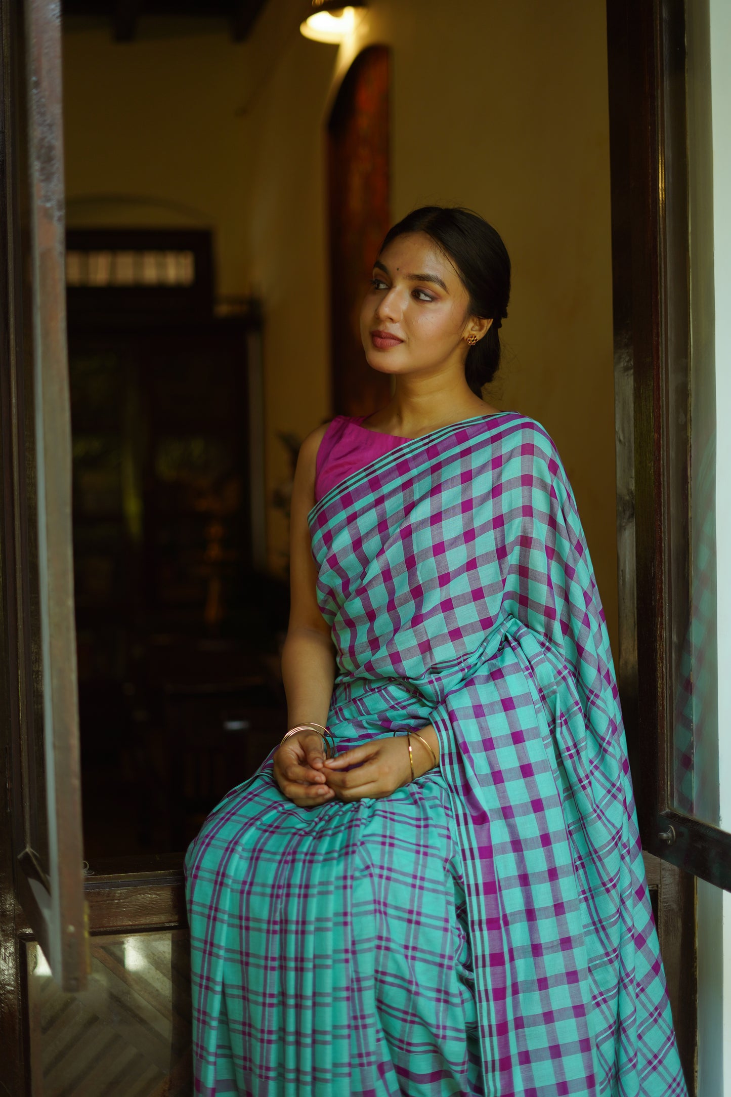 Aqua violet checks - Handwoven cotton  saree