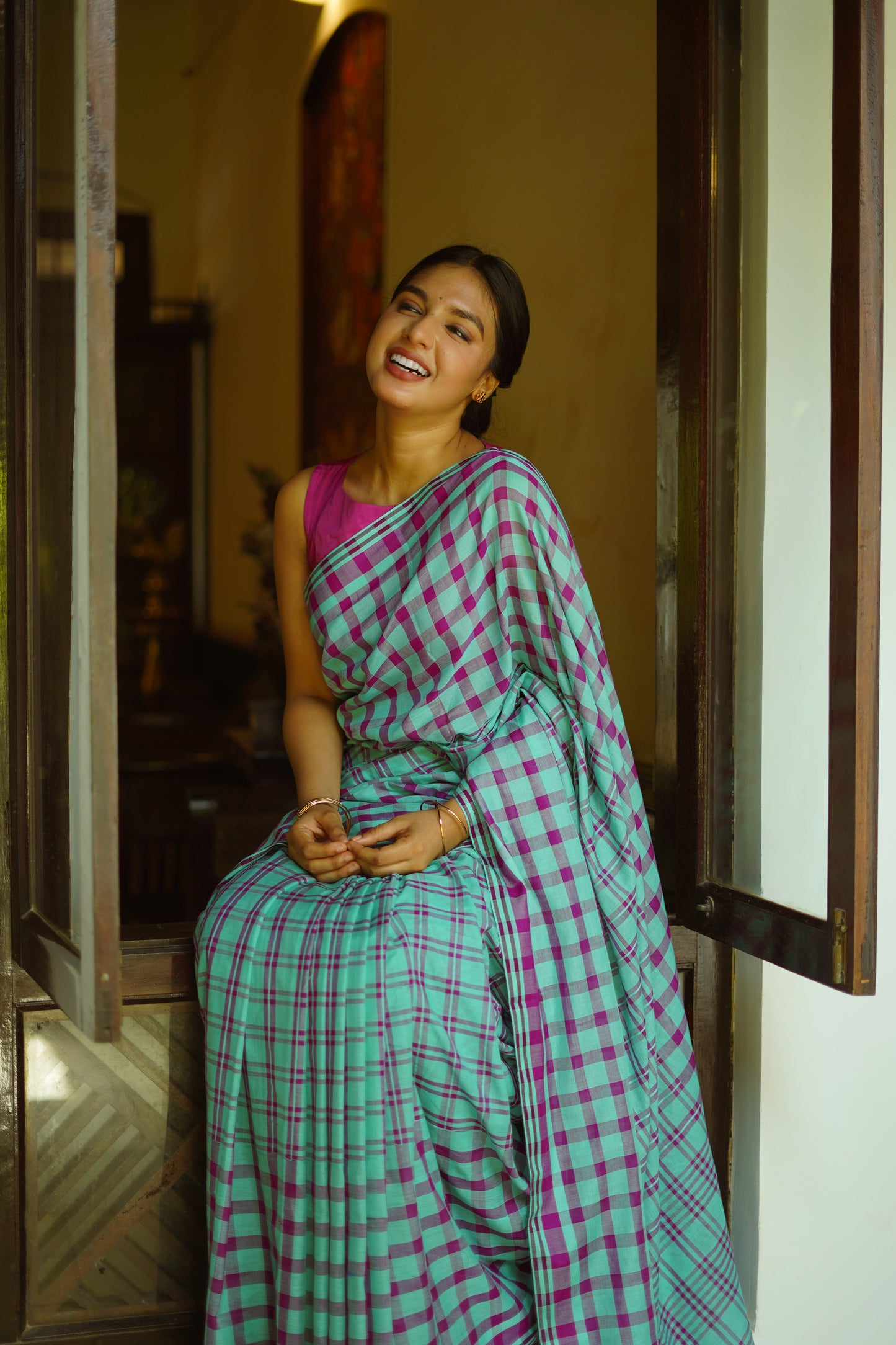 Aqua violet checks - Handwoven cotton  saree