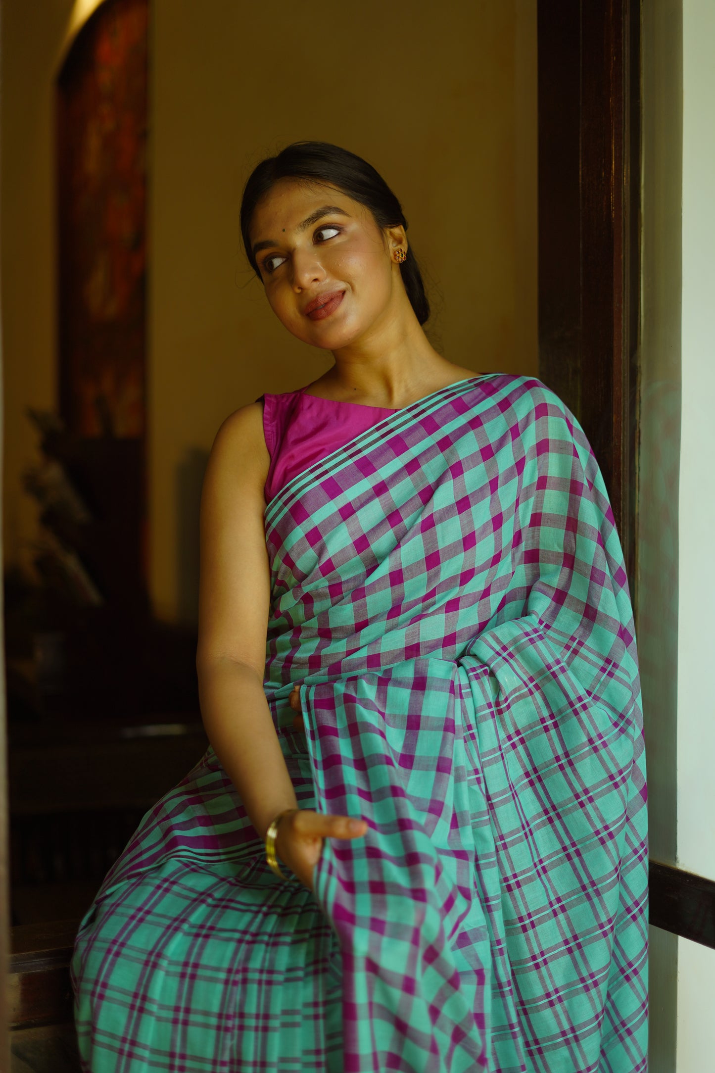 Aqua violet checks - Handwoven cotton  saree