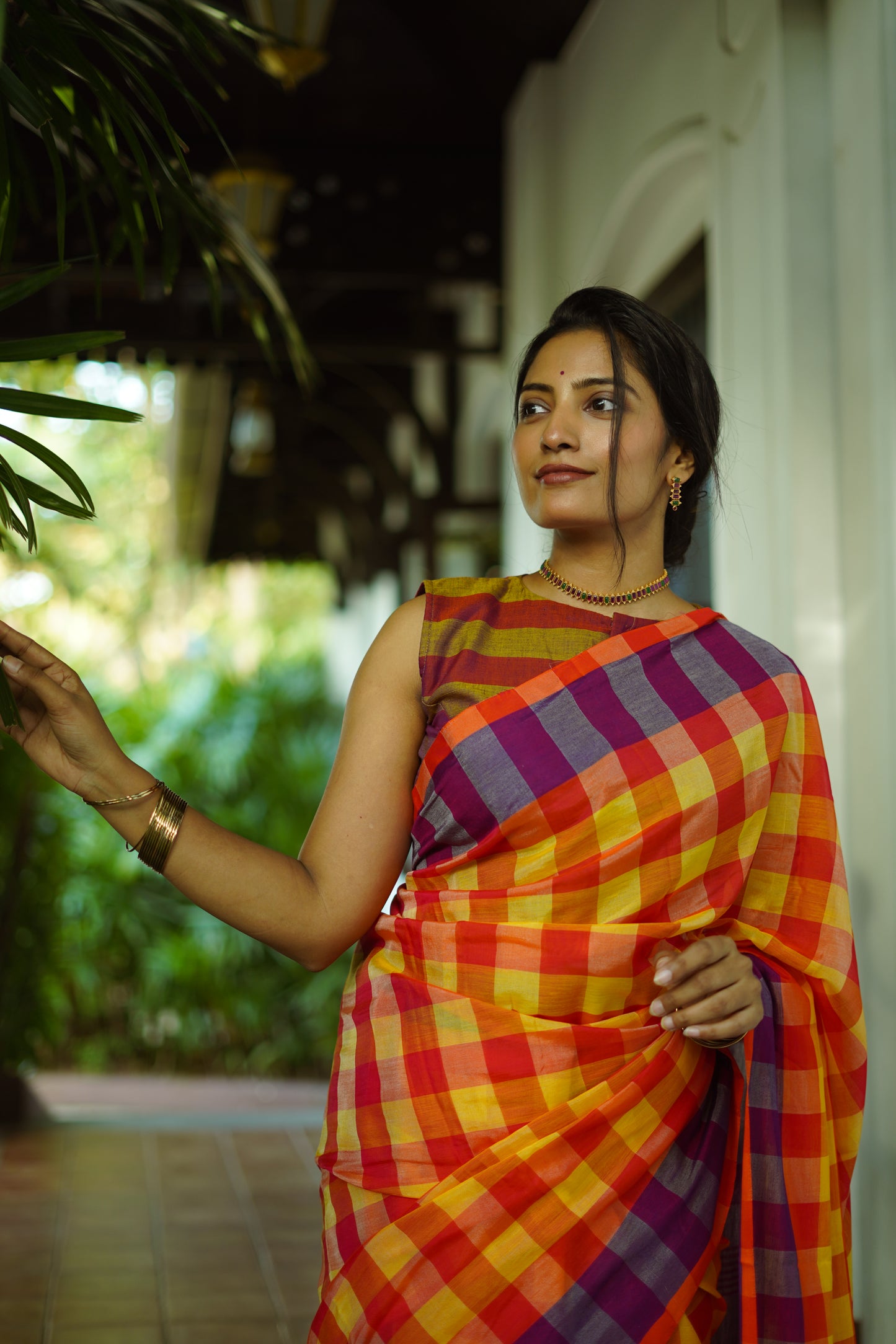 Sunset plaid-Handwoven cotton  saree