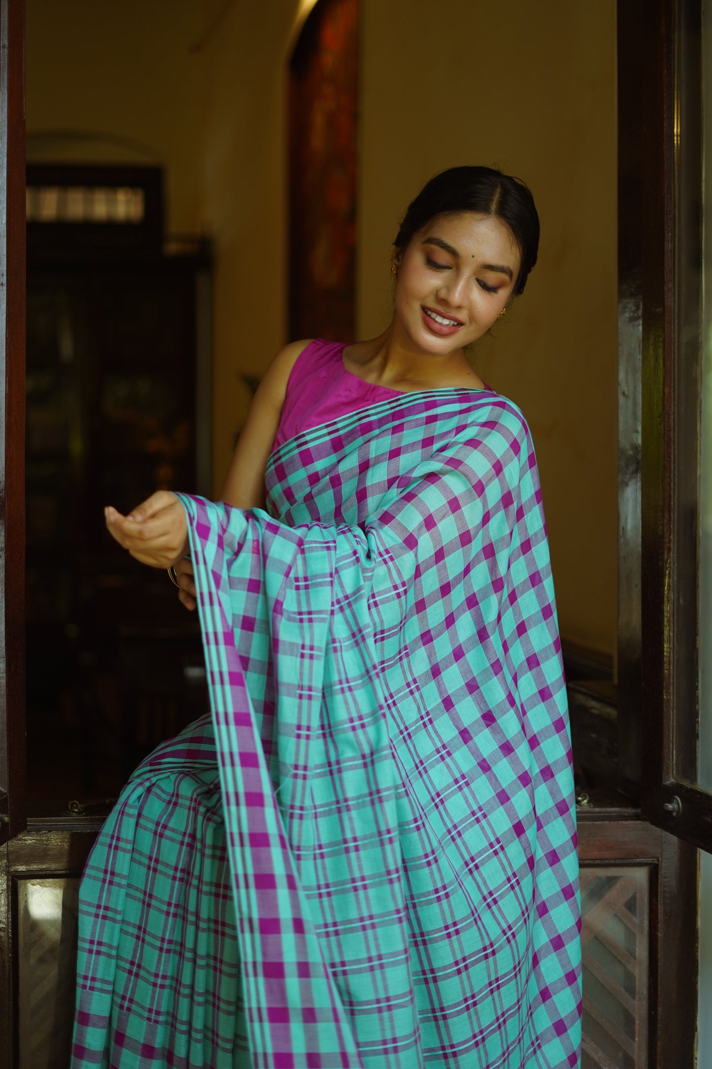 Aqua violet checks - Handwoven cotton  saree