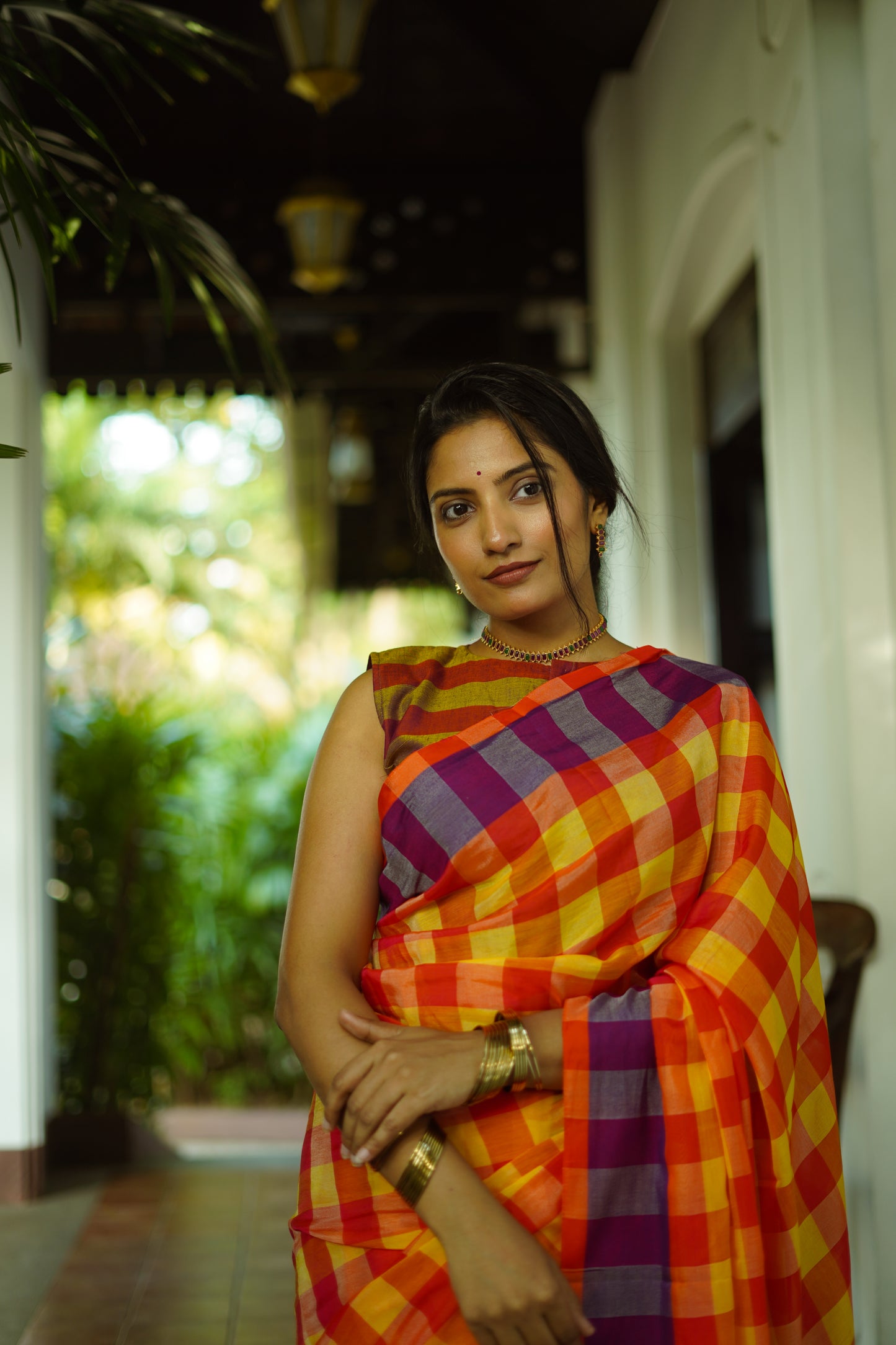 Sunset plaid-Handwoven cotton  saree