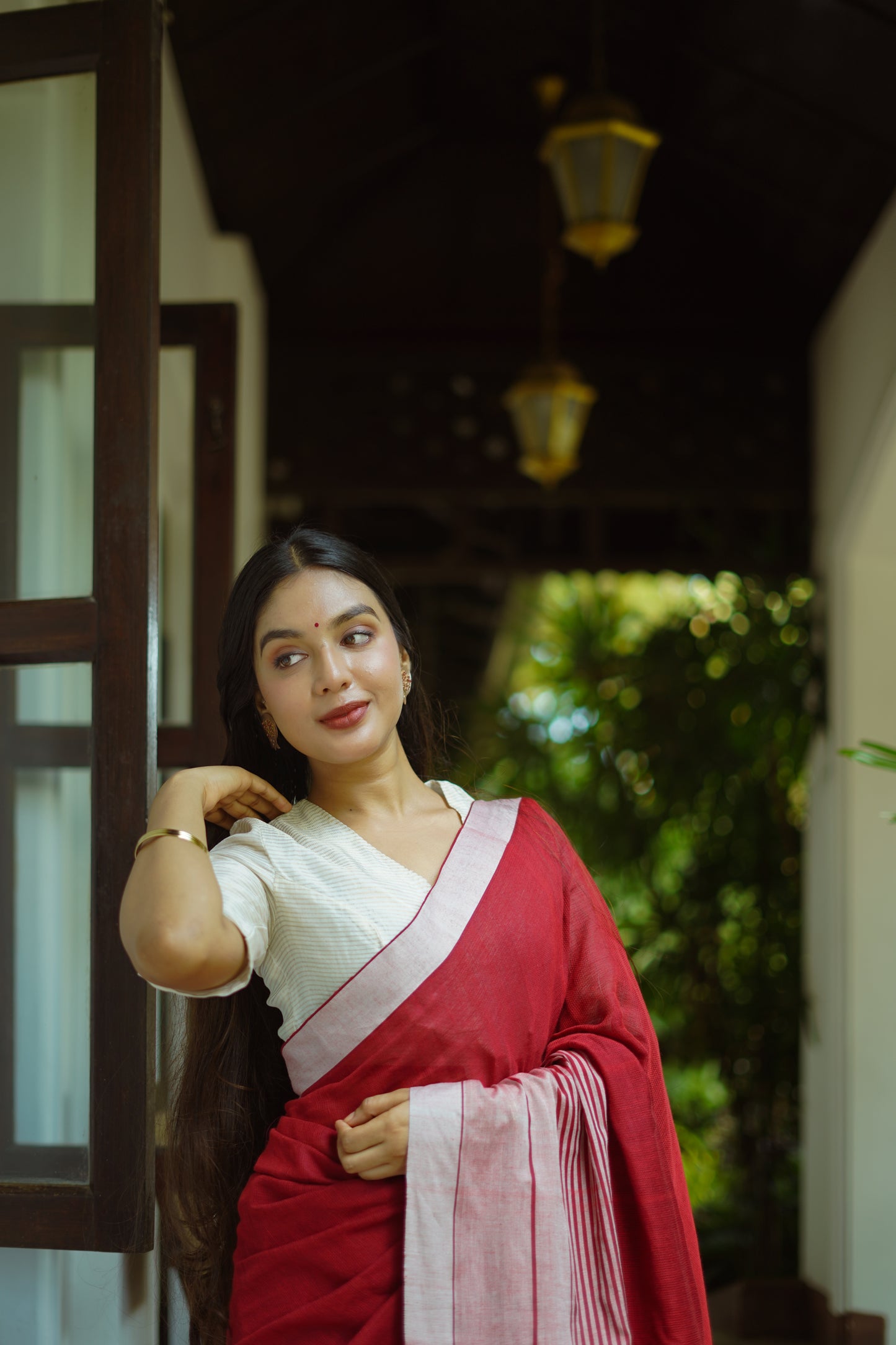 Cherry red- Handwoven dobby cotton saree