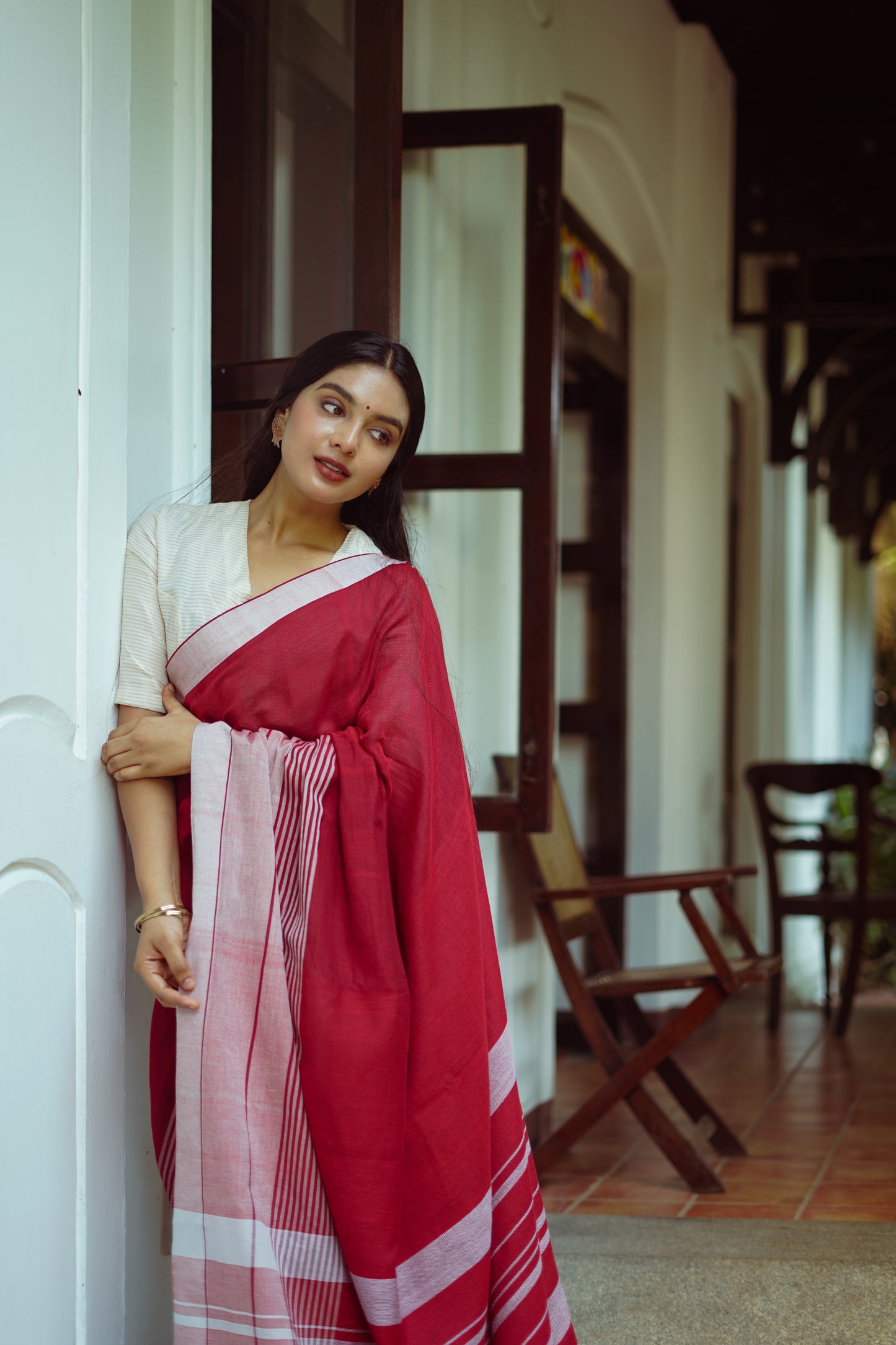 Cherry red- Handwoven dobby cotton saree