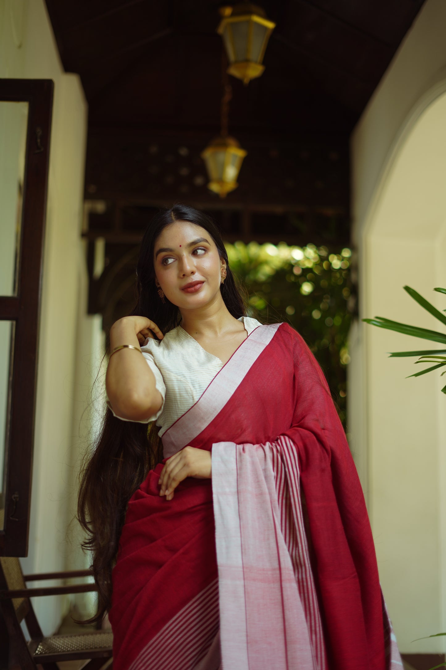 Cherry red- Handwoven dobby cotton saree