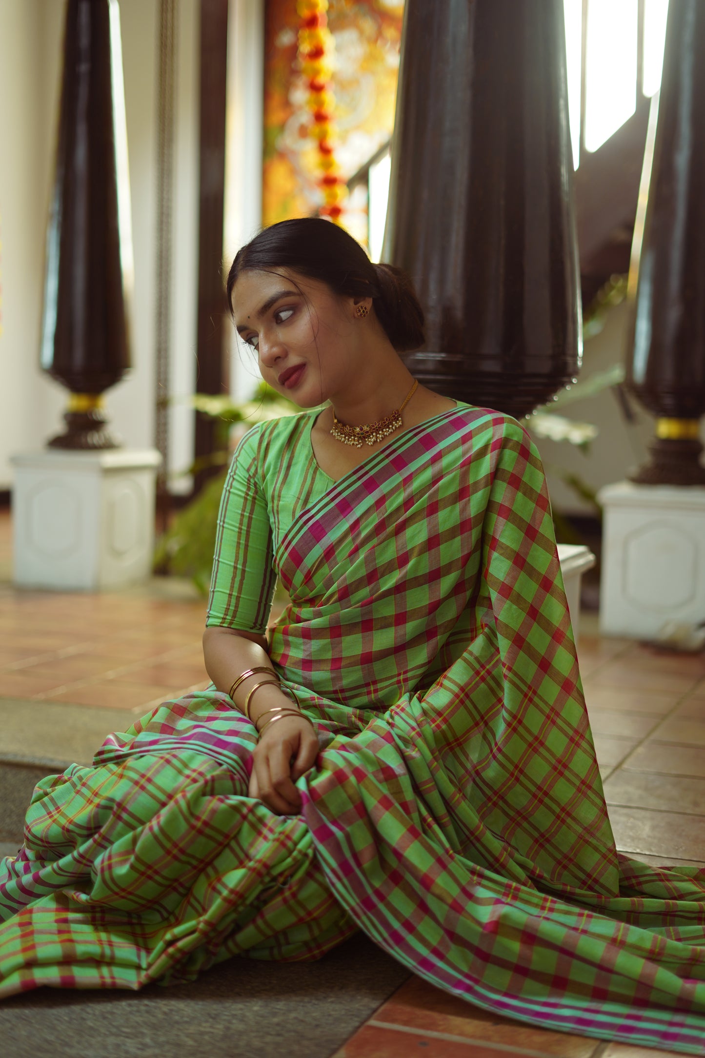 Soft green checks - Handwoven soft silk saree