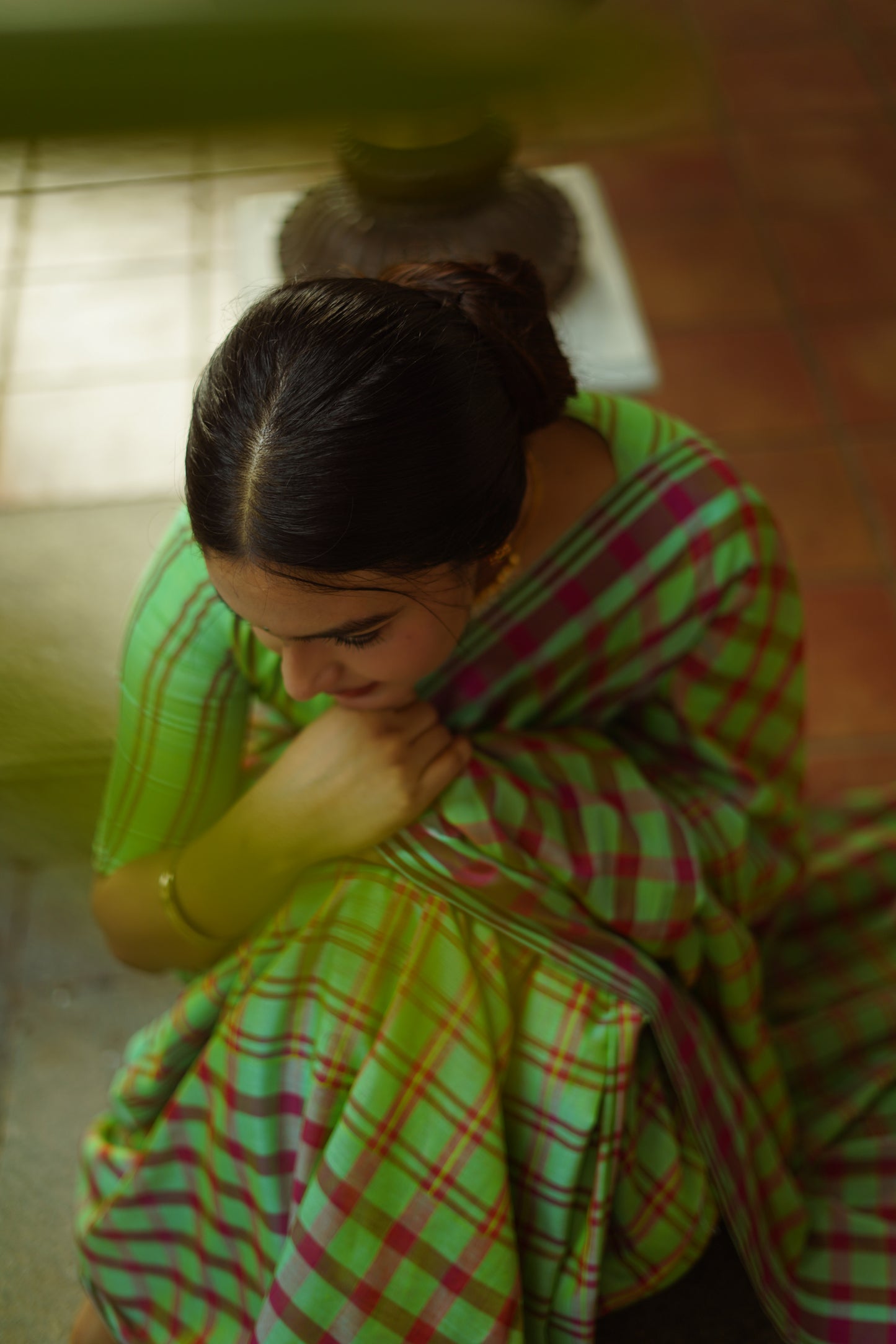 Soft green checks - Handwoven soft silk saree