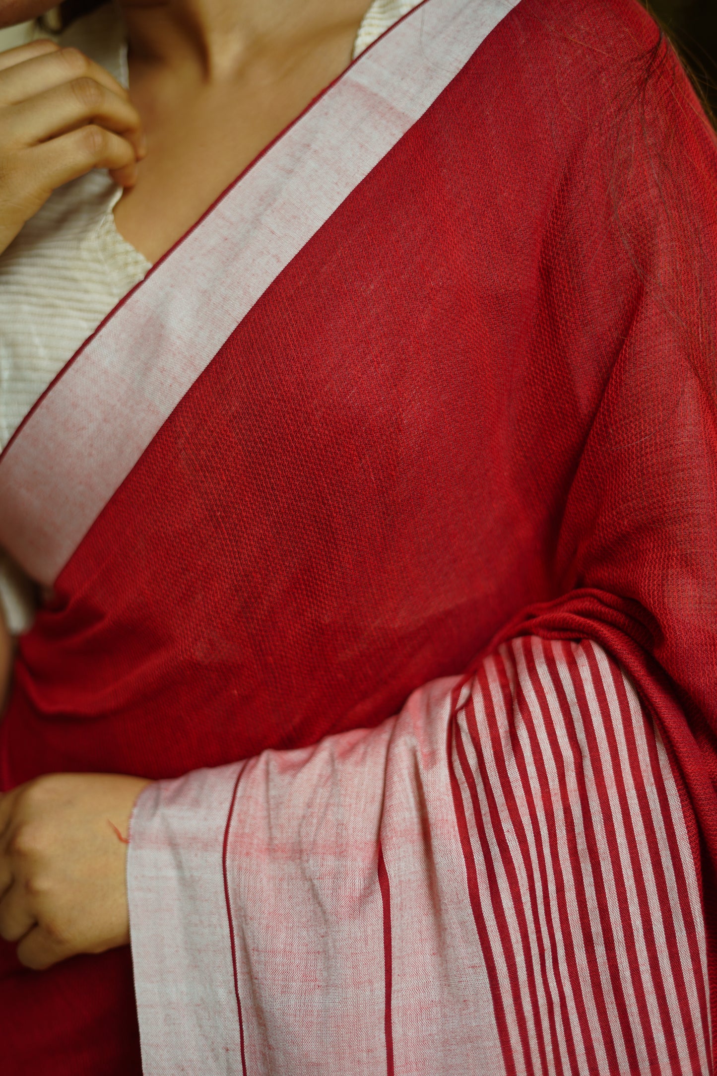 Cherry red- Handwoven dobby cotton saree