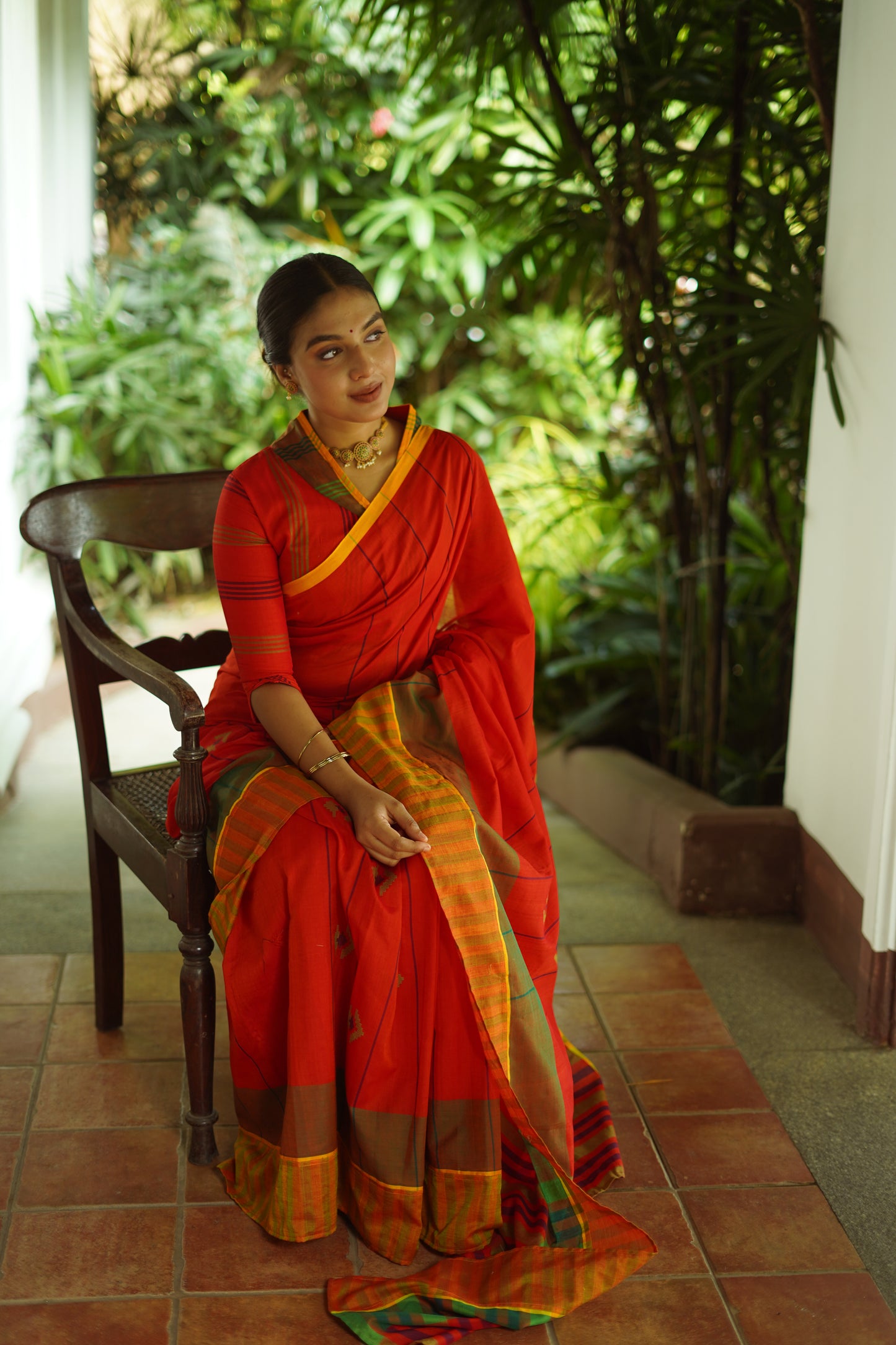 Blaze Orange - Handwoven cotton  saree