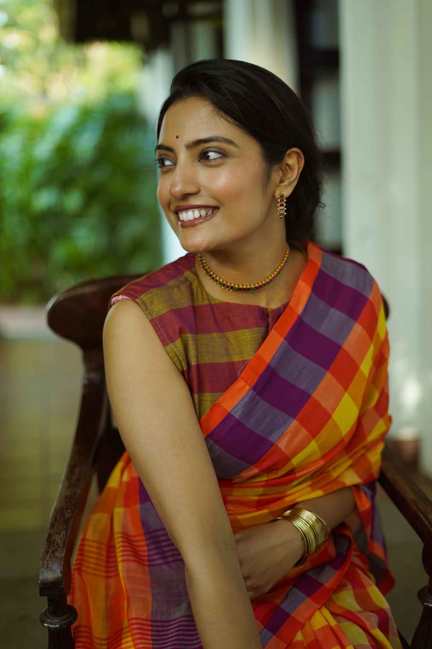 Sunset plaid-Handwoven cotton  saree