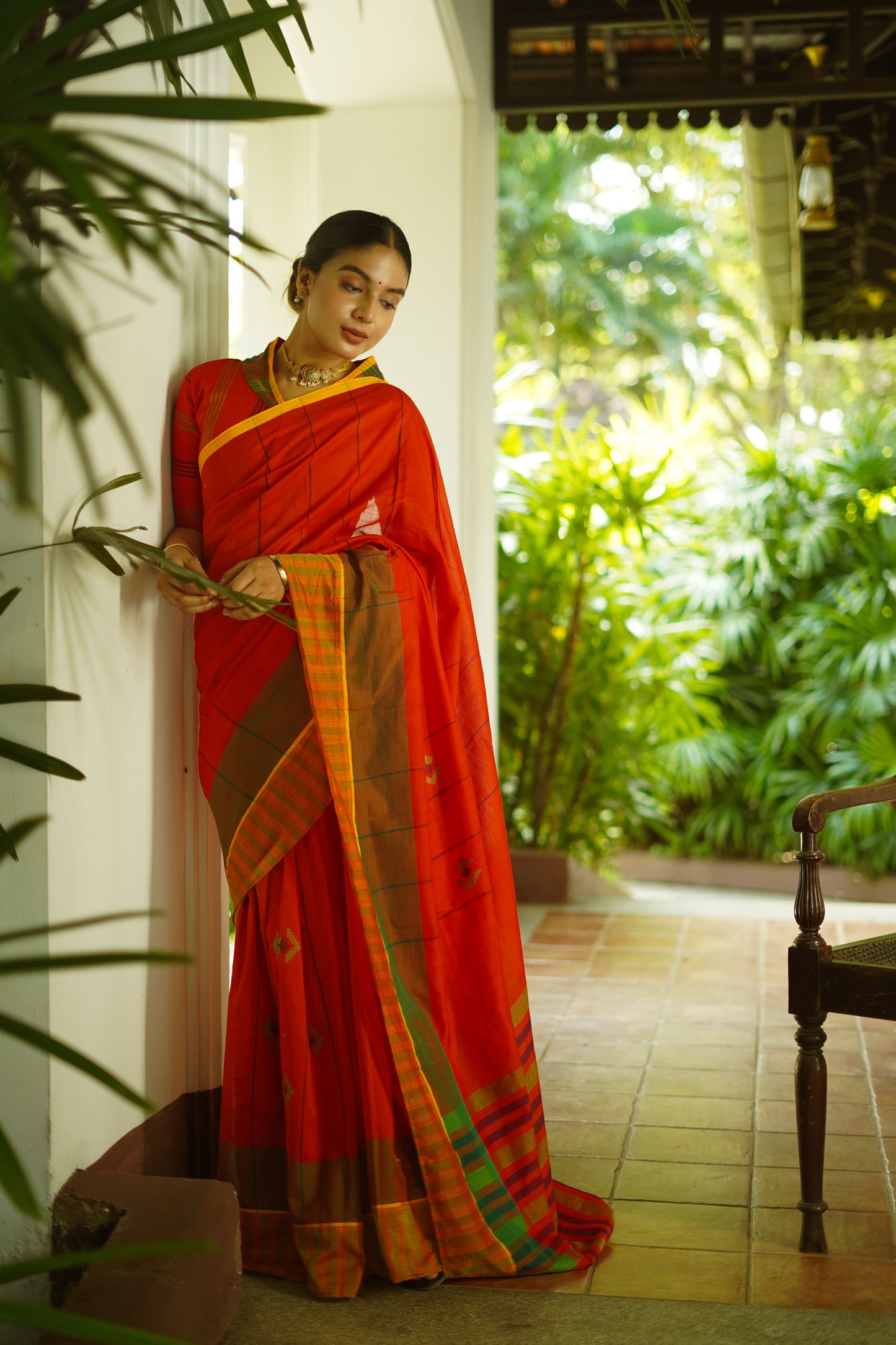 Blaze Orange - Handwoven cotton  saree