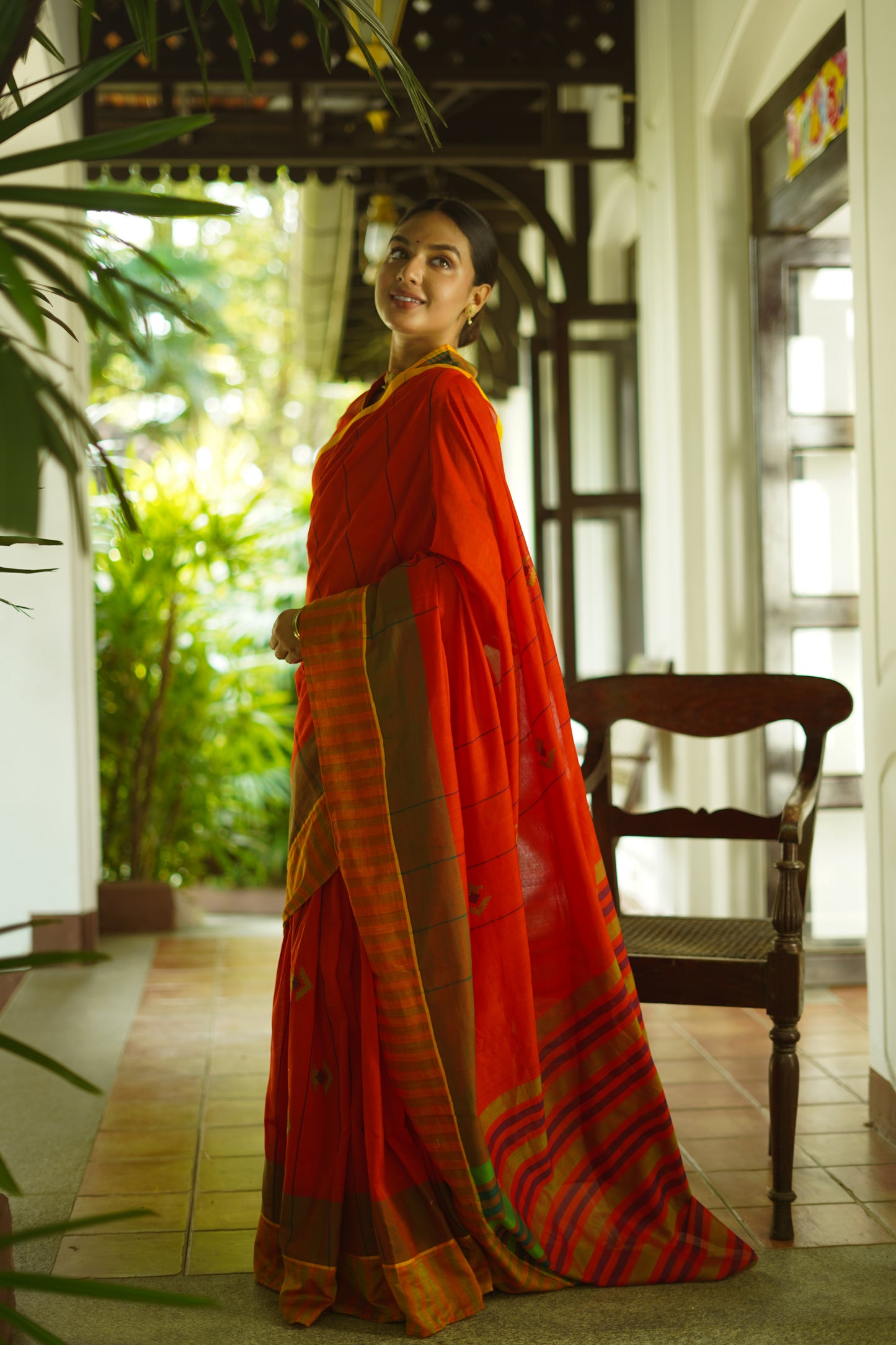 Blaze Orange - Handwoven cotton  saree