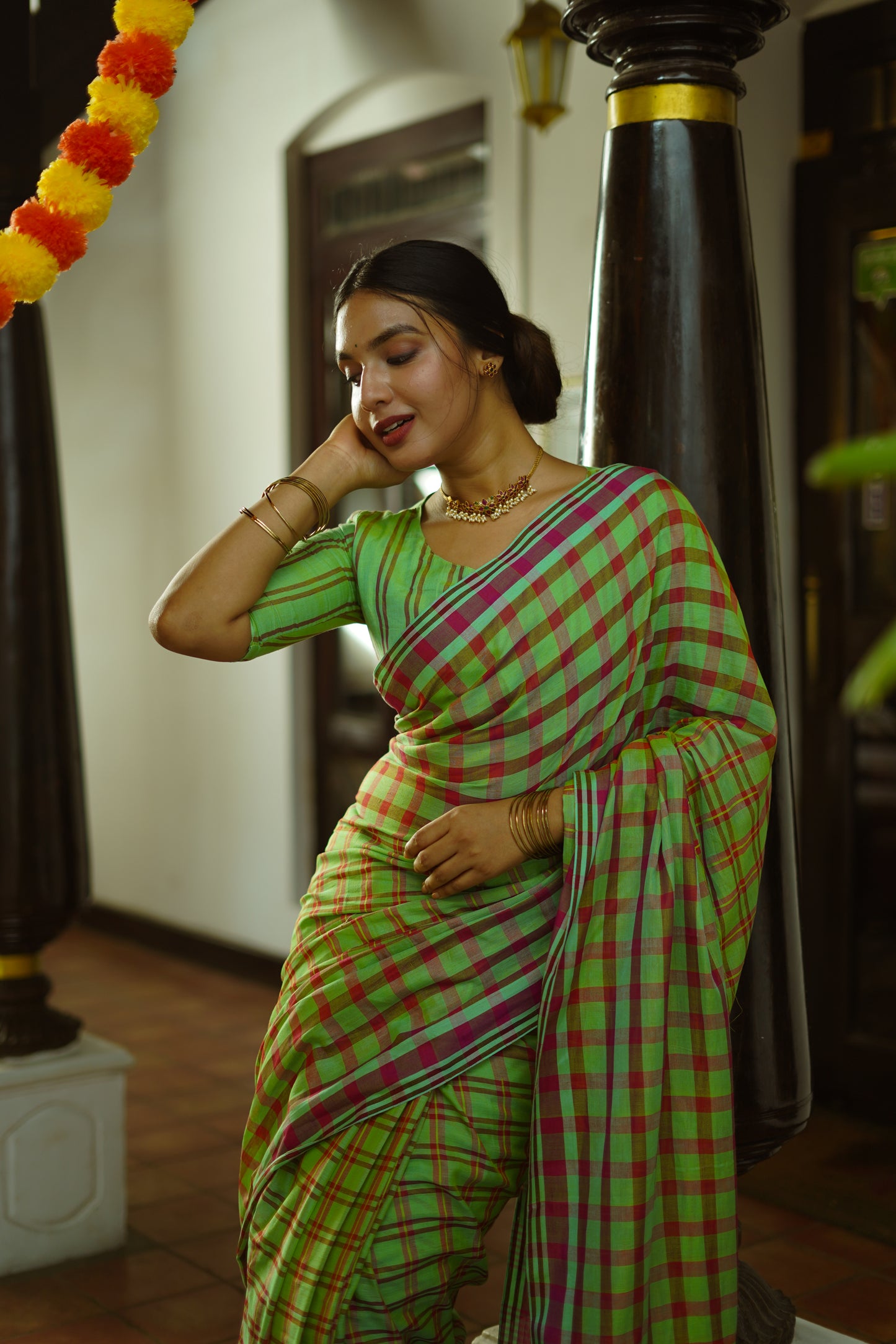 Soft green checks - Handwoven soft silk saree