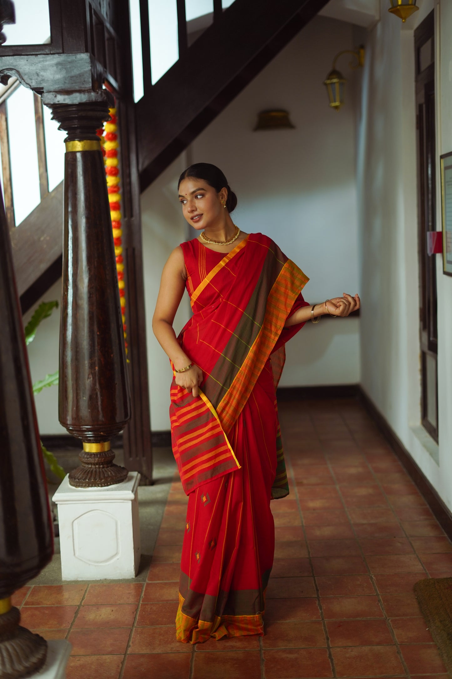 Crimson red - Handwoven cotton  saree