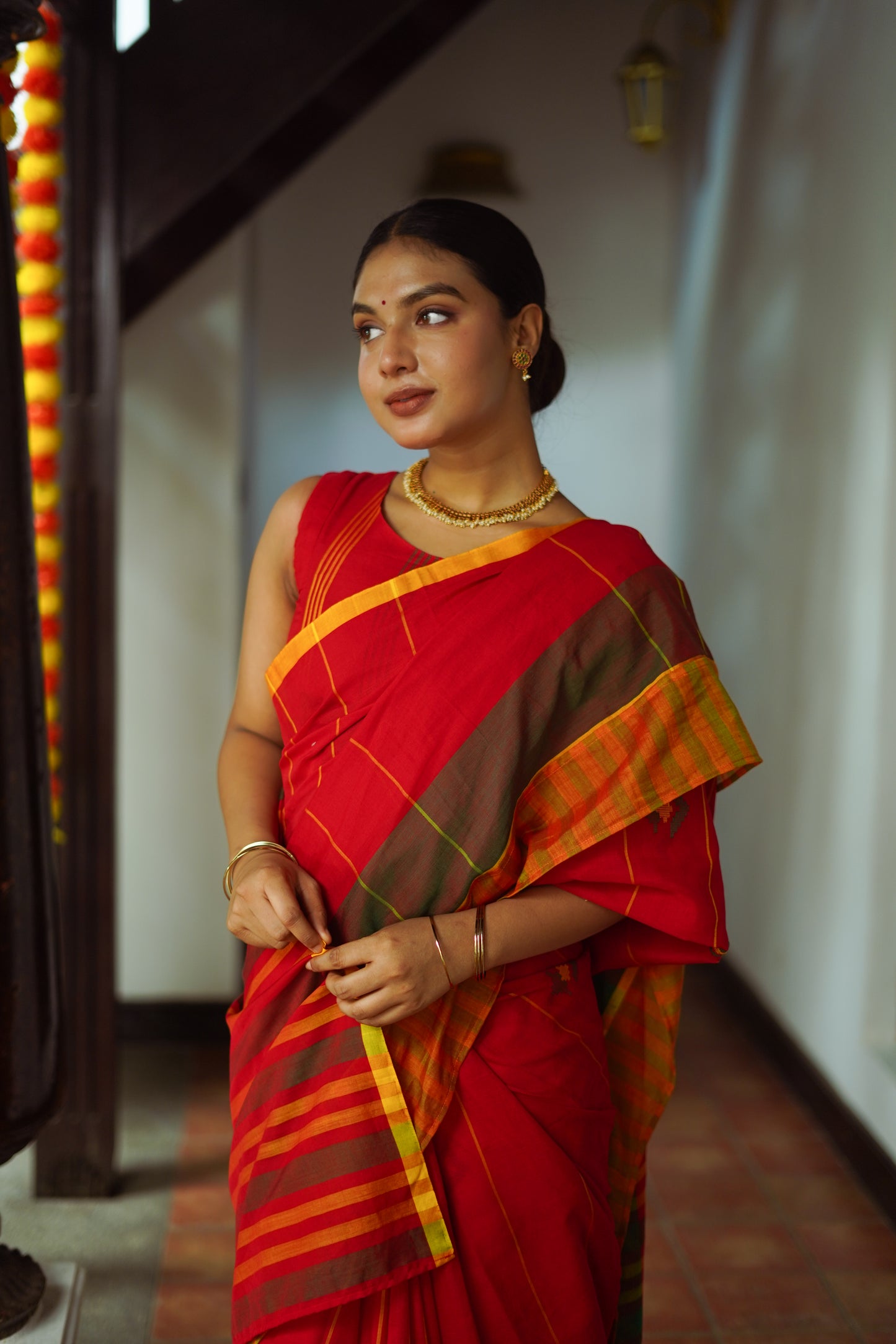 Crimson red - Handwoven cotton  saree