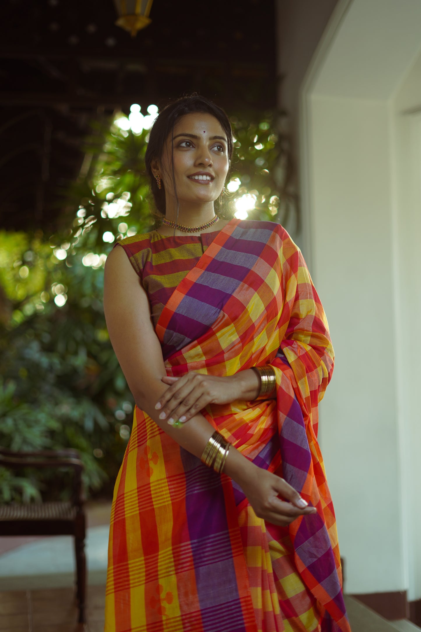 Sunset plaid-Handwoven cotton  saree