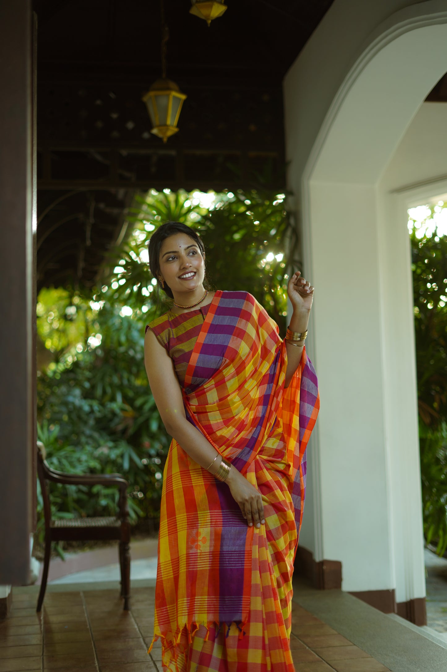 Sunset plaid-Handwoven cotton  saree