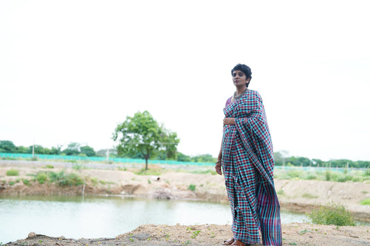 Vine grid- Multicheck Handwoven  cotton  saree