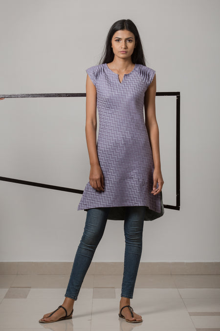 Solid Violet Checked Cotton Dress