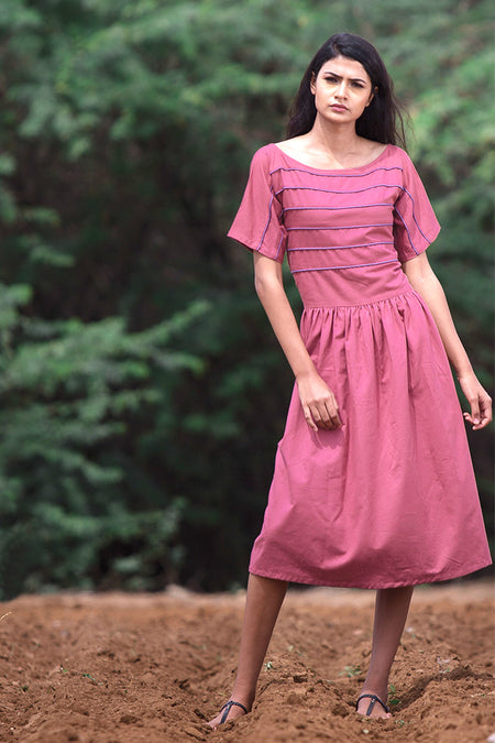Solid Violet Checked Cotton Dress