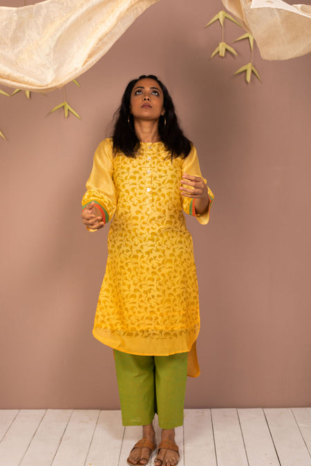 yellow Cambric Block Printed Dress