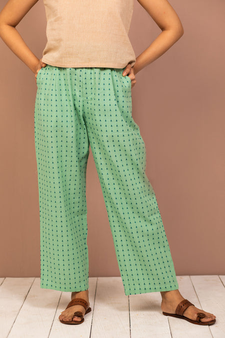 Green Cotton Chambray Straight Pant
