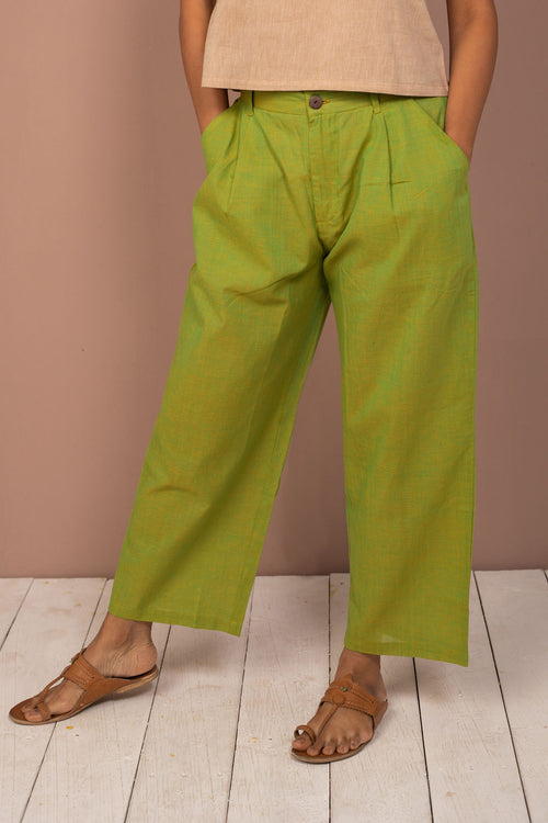 Green Cotton Chambray Straight Pant - noolbyhand.com