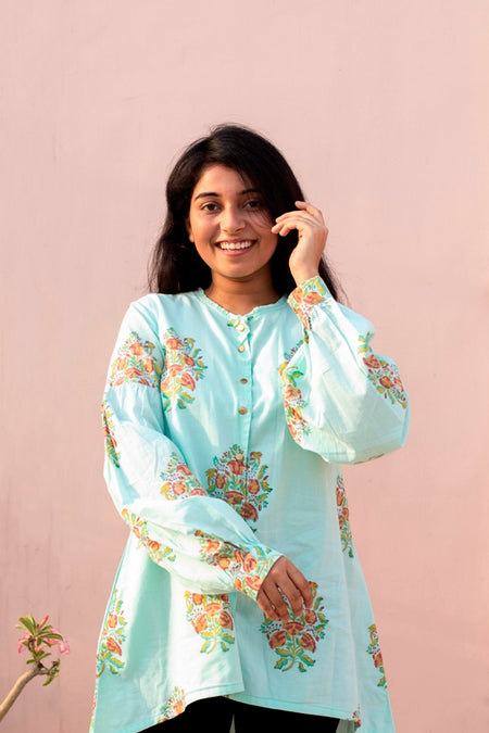 Teal Cotton Chambray Embroidered Dress