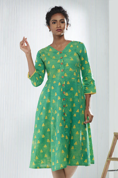 Cotton Triangle Batik Dress - Green and Yellow - noolbyhand.com