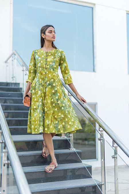 Cotton Triangle Batik Dress - Green and Yellow