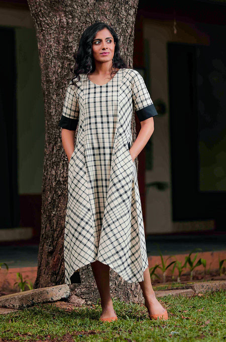 Block Printed Cotton Pleated Dress - Indigo