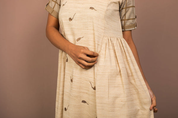 Natural Beige Cotton Embroidered Dress - noolbyhand.com